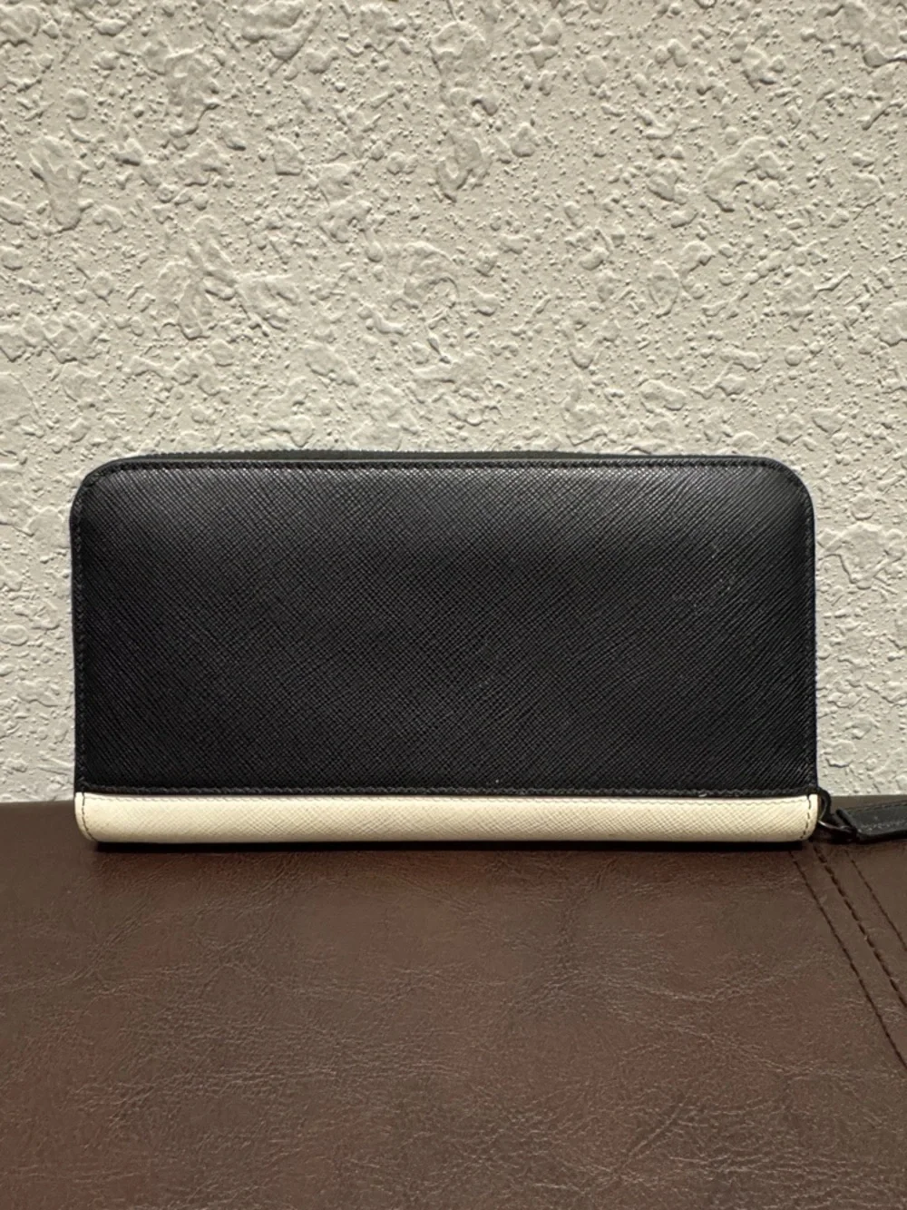 PRADA Black and White Saffiano Zip Wallet